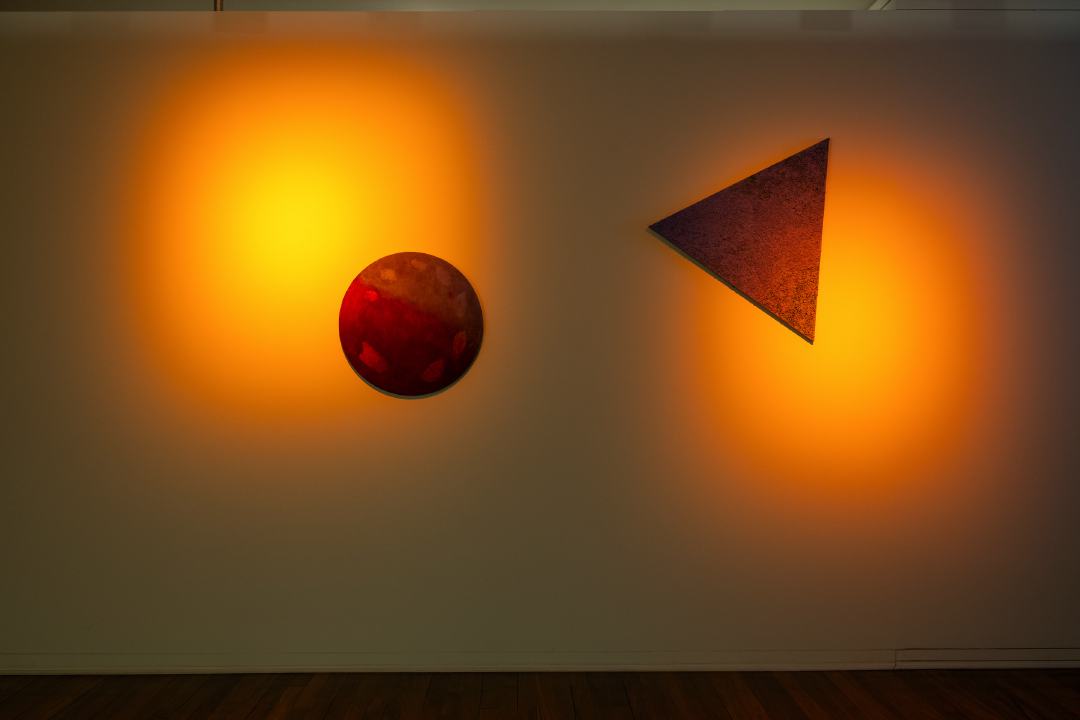 Ampitherial, 2024
installation view: sand, sunflowerseeds and acrylic on canvas and linen (red gel filter lighting)